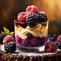Layered dessert with berries in a glass on a wooden surface