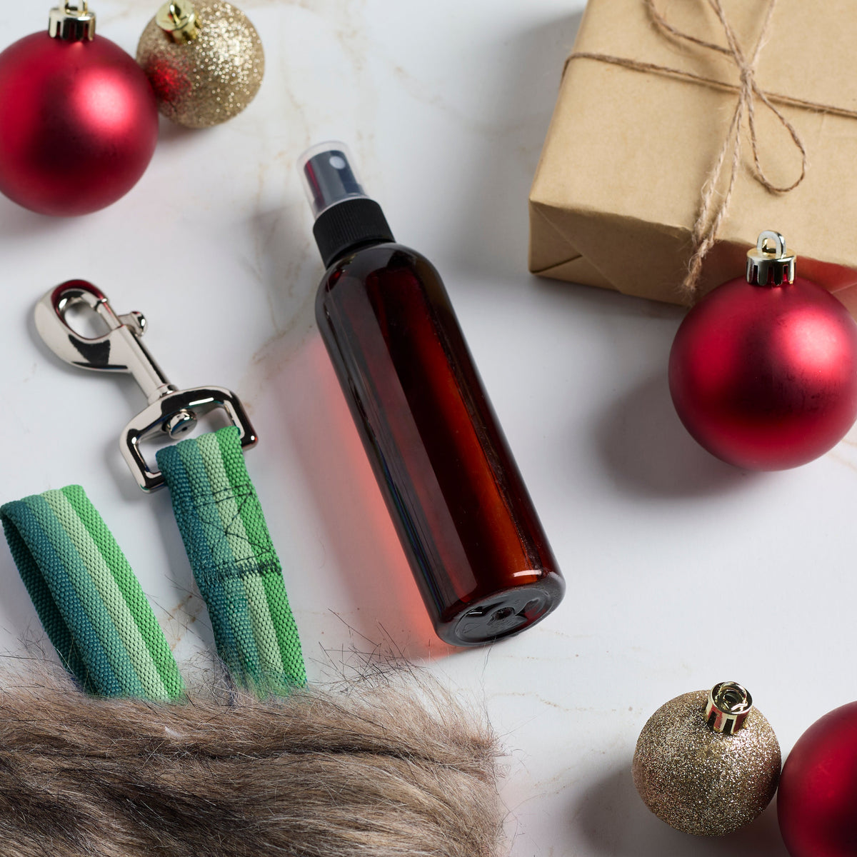 calming dog spray on holiday background