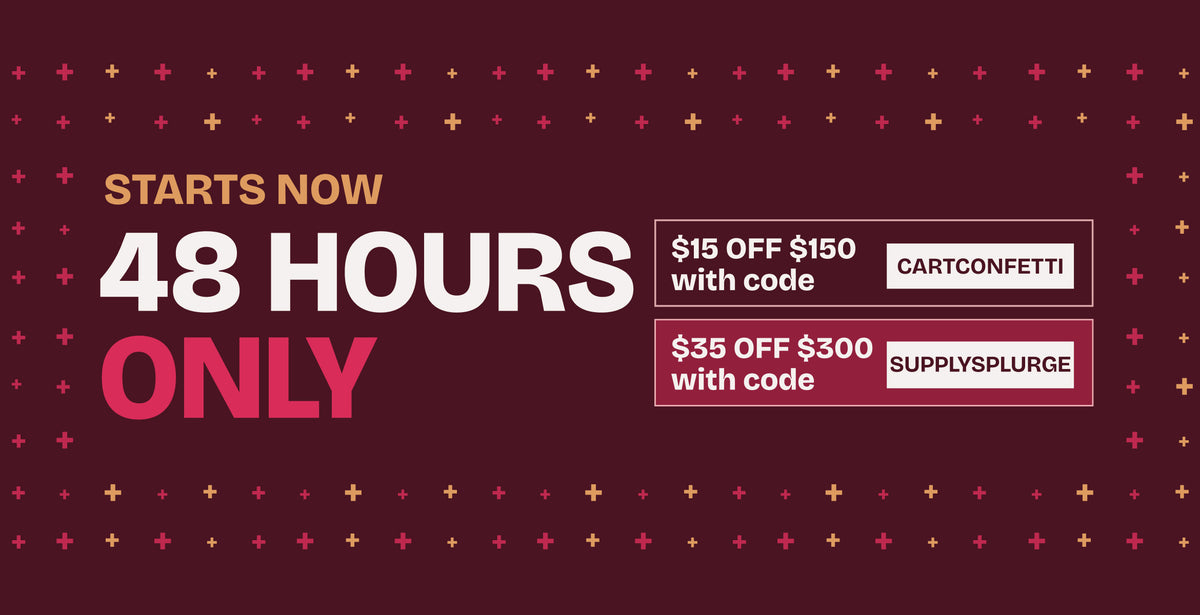 Promotional graphic with the text 'STARTS NOW 48 HOURS ONLY' on a dark burgundy background with small gold and pink decorative dots. Two coupon boxes appear on the right: one reading '$15 OFF $150 with code CARTCONFETTI' and one reading '$35 OFF $300 with code SUPPLYSPURGE'.