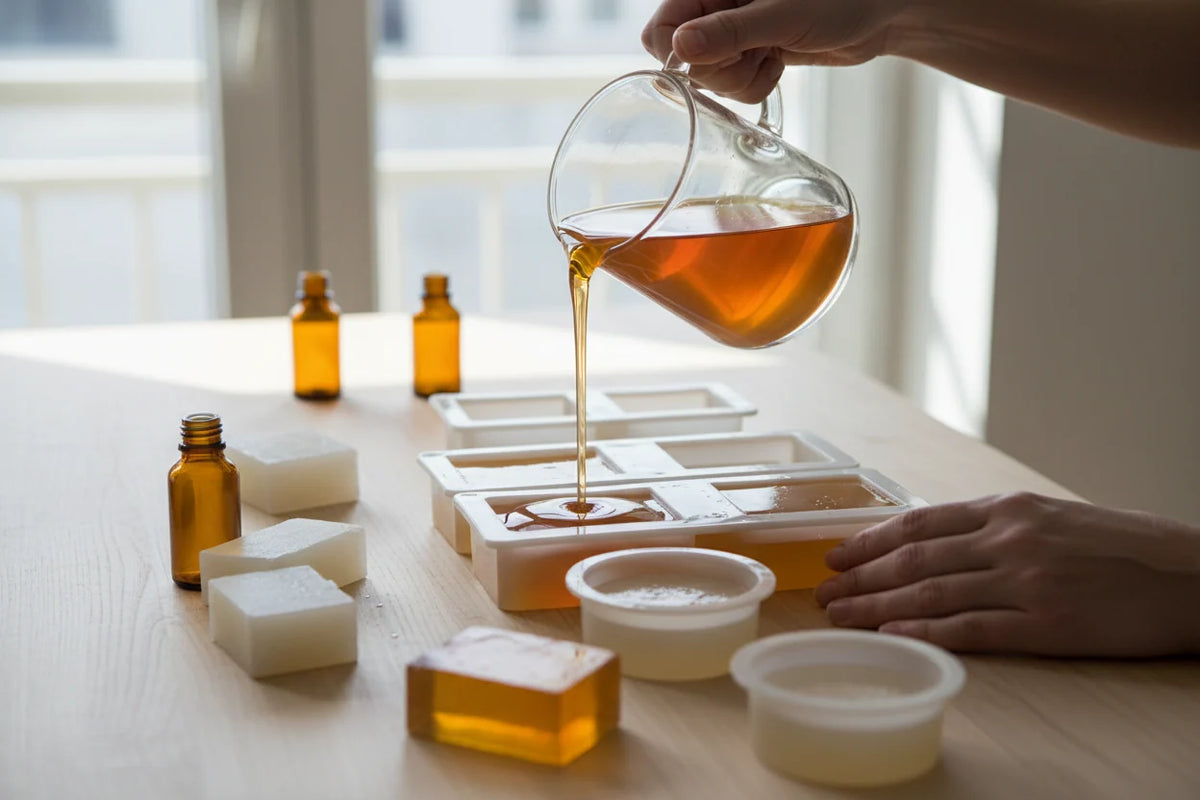 Person pouring amber soap into a soap mold with bottles and soap blocks on a neutral table 